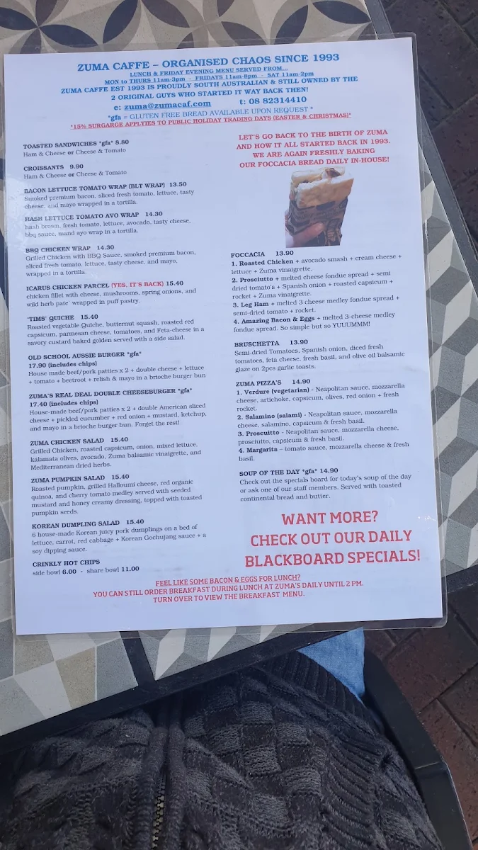 Menu, Zuma Caffè
