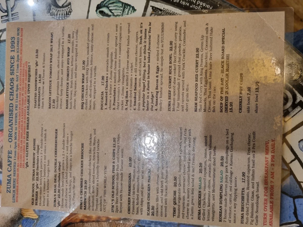 Menu, Zuma Caffè