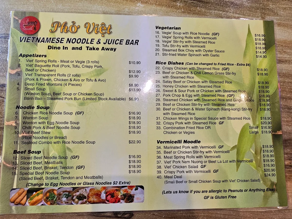 Menu, Pho Viet Vietnamese Noodle Bar