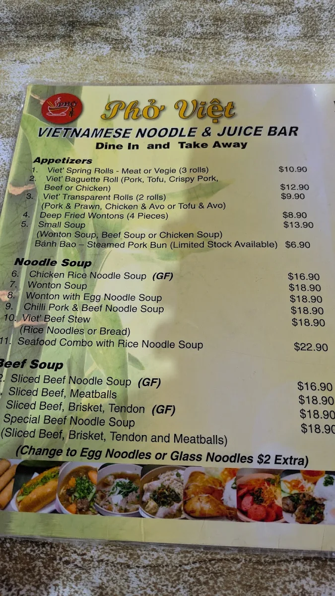 Menu, Pho Viet Vietnamese Noodle Bar