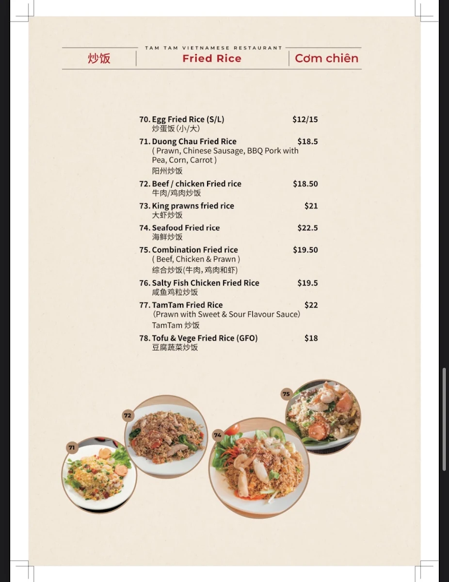 Menu, Tam Tam Restaurant