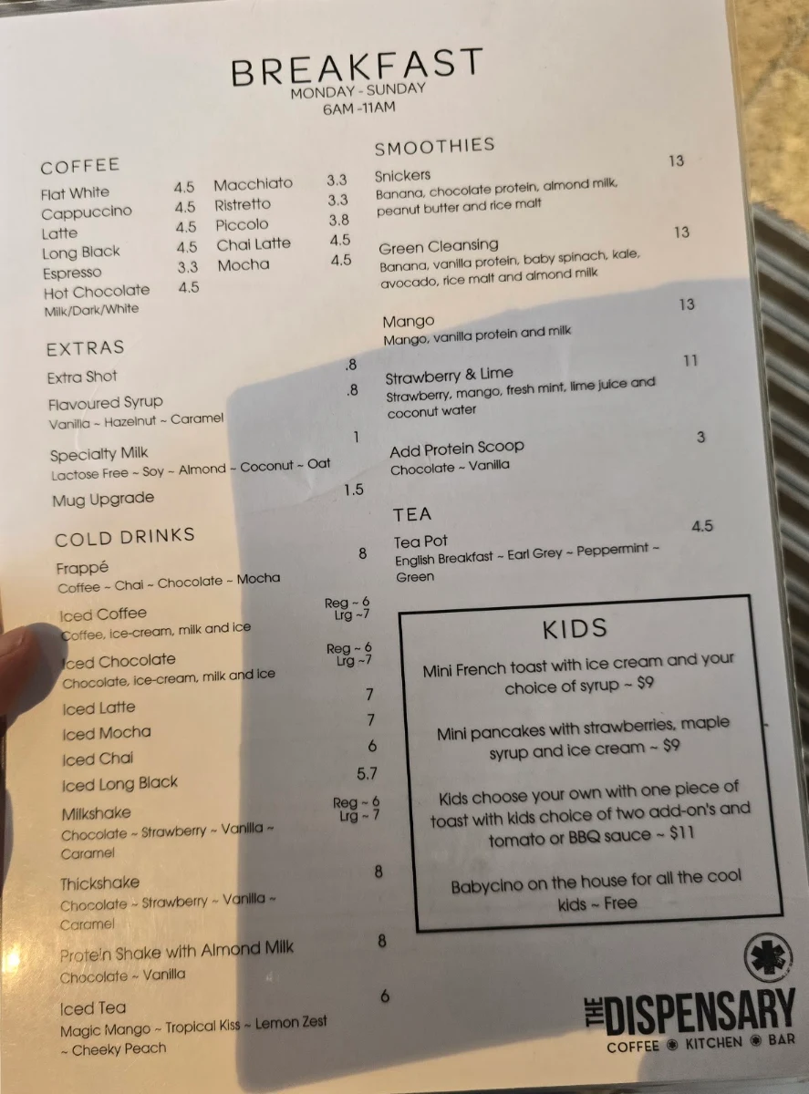 Menu, THE DISPENSARY Coffee · Kitchen · Bar