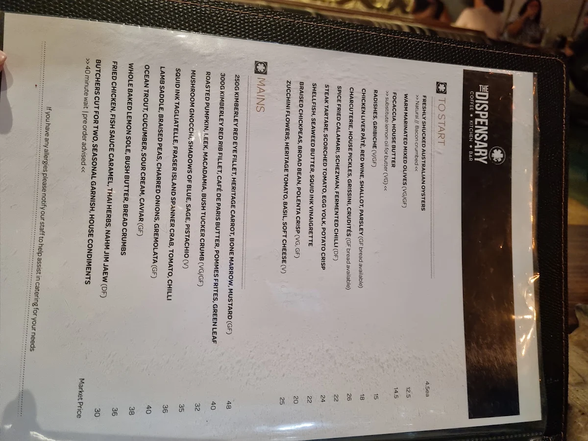 Menu, THE DISPENSARY Coffee · Kitchen · Bar