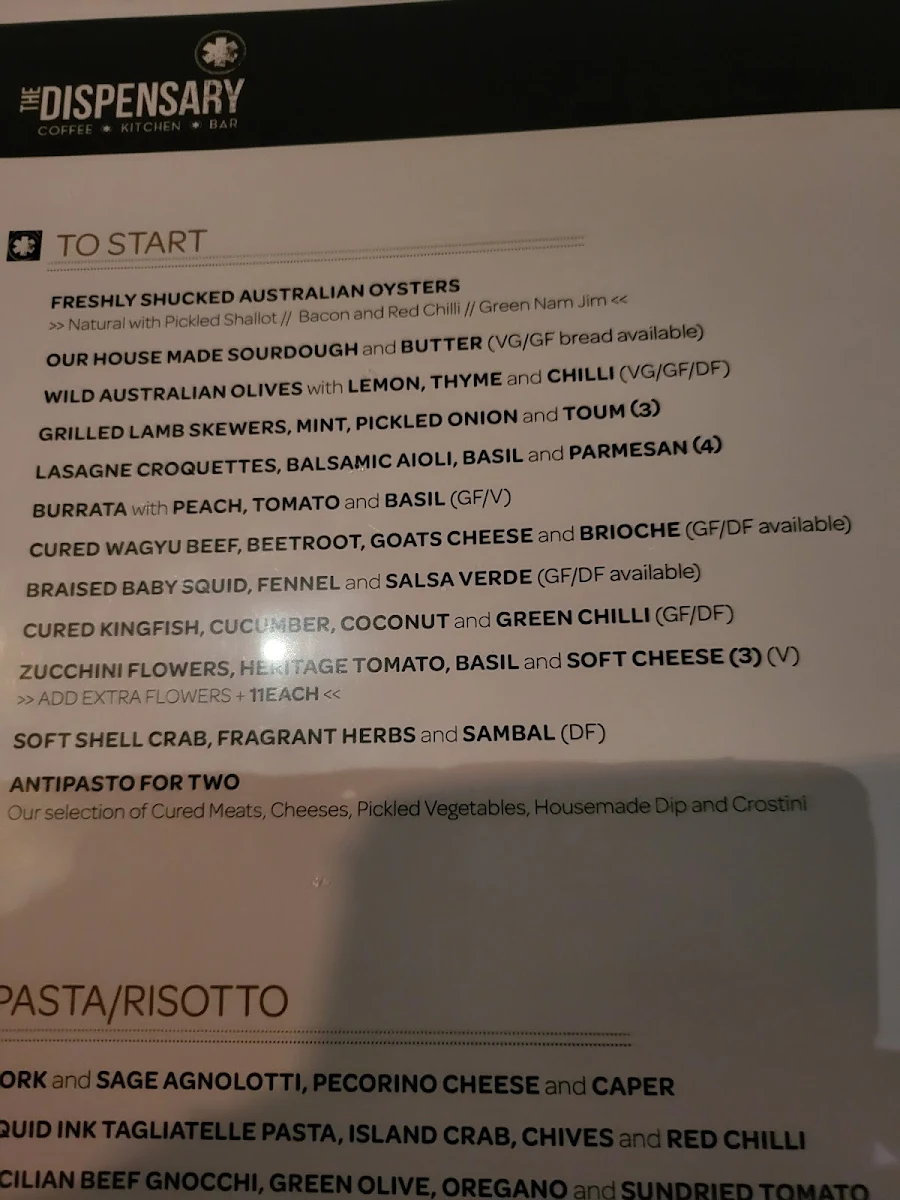 Menu, THE DISPENSARY Coffee · Kitchen · Bar
