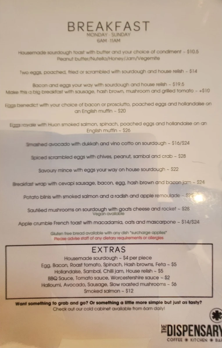 Menu, THE DISPENSARY Coffee · Kitchen · Bar