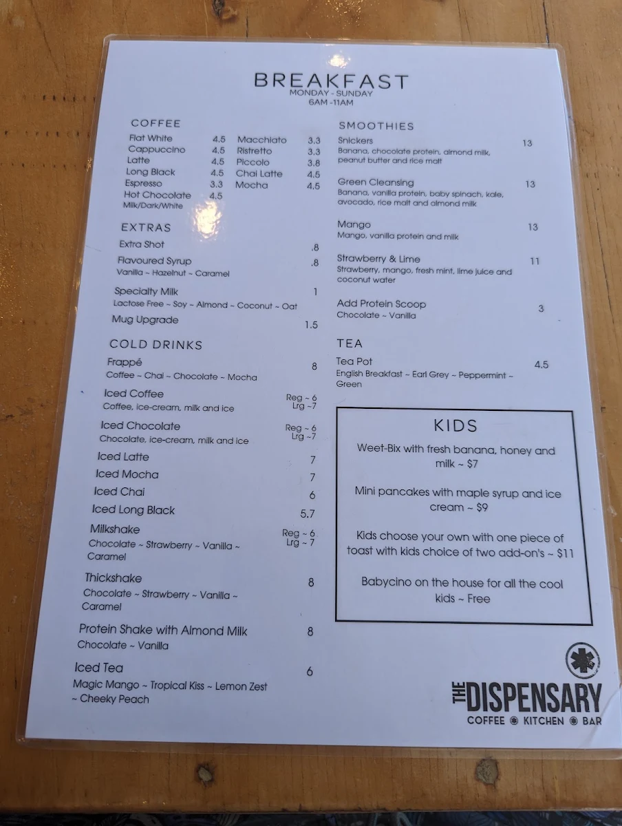 Menu, THE DISPENSARY Coffee · Kitchen · Bar