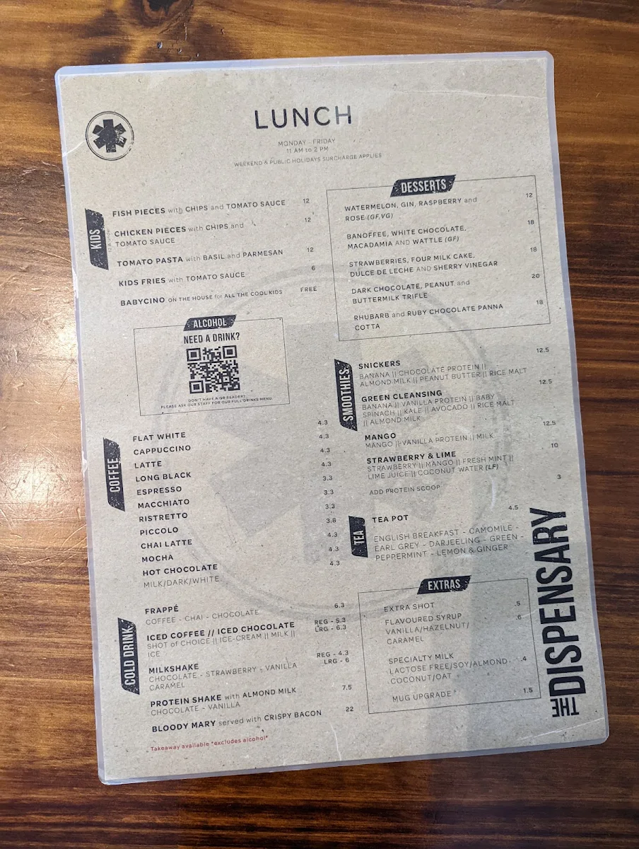 Menu, THE DISPENSARY Coffee · Kitchen · Bar