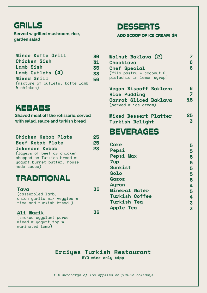 Menu, Erciyes Restaurant