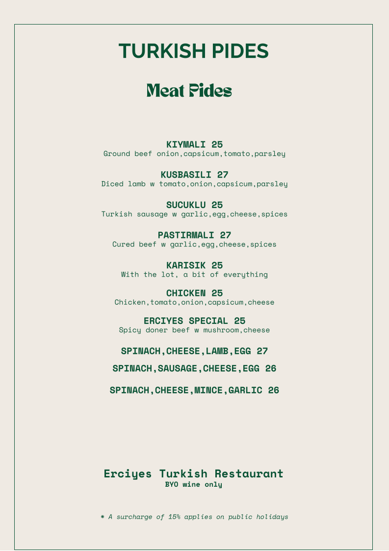 Menu, Erciyes Restaurant