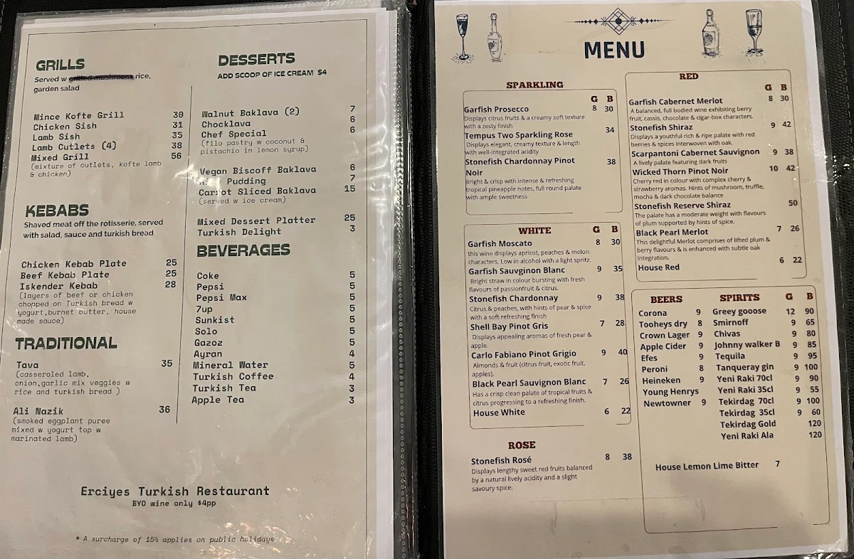 Menu, Erciyes Restaurant