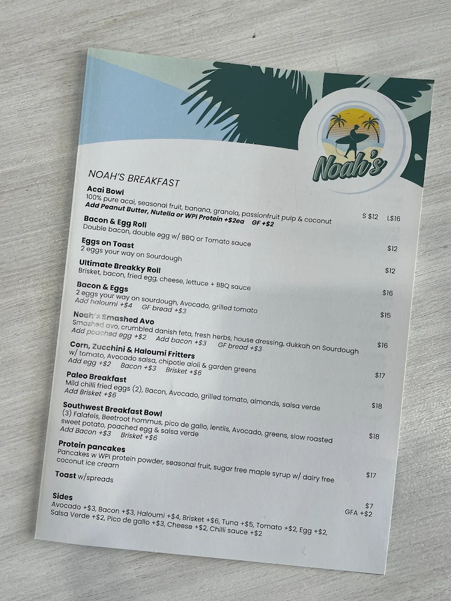 Menu, Noah's Cafe Taren Point