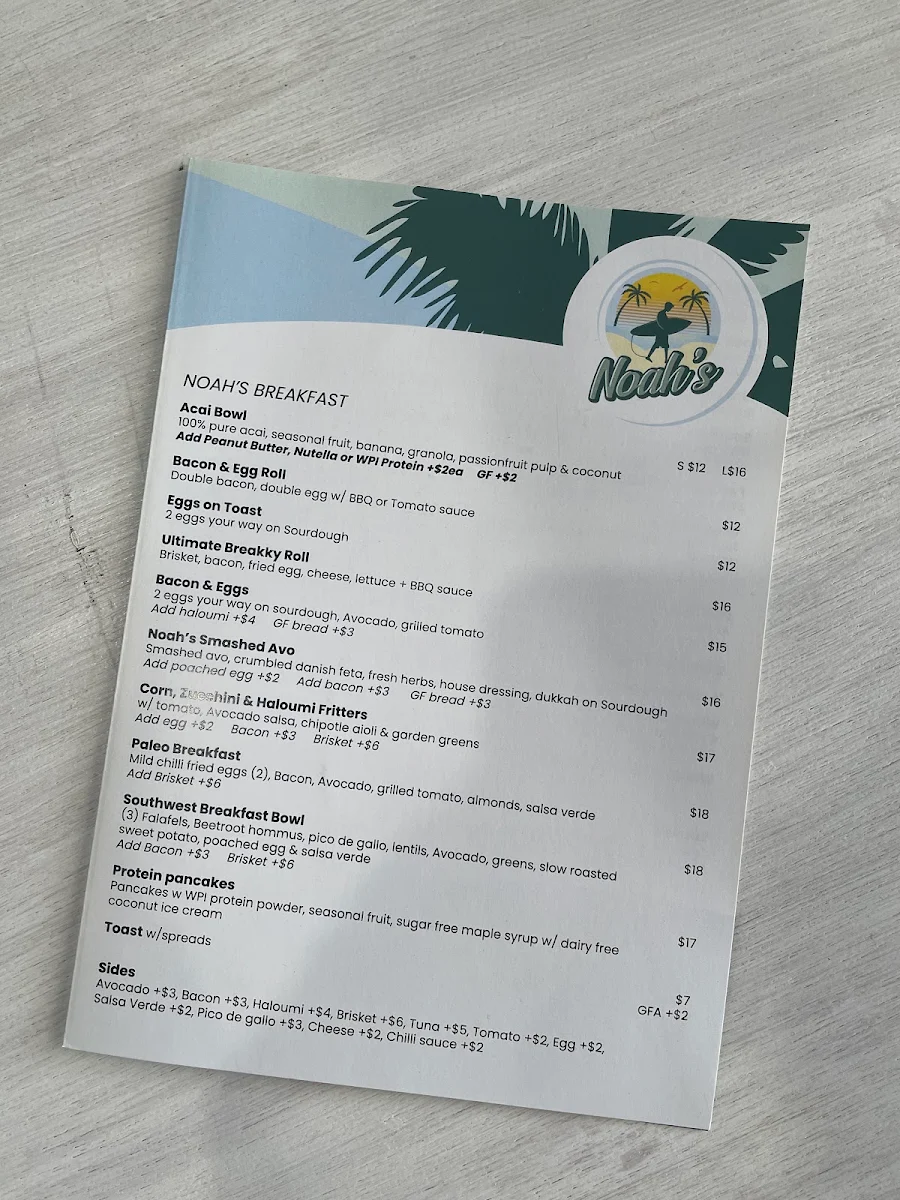 Menu, Noah's Cafe Taren Point