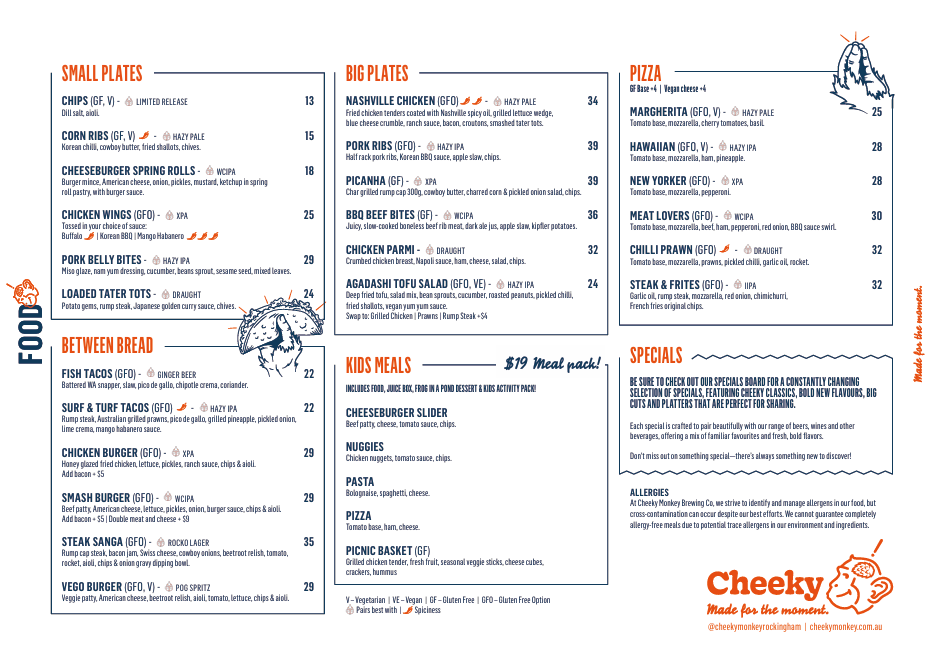 Menu, Cheeky Monkey Brewing Co Rockingham
