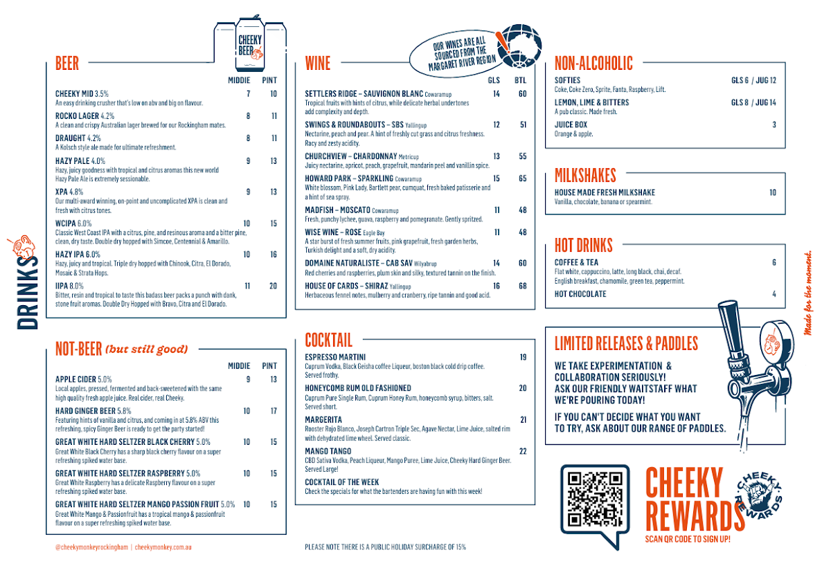 Menu, Cheeky Monkey Brewing Co Rockingham