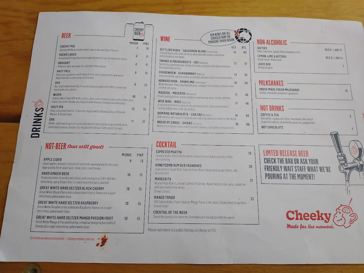 Menu, Cheeky Monkey Brewing Co Rockingham