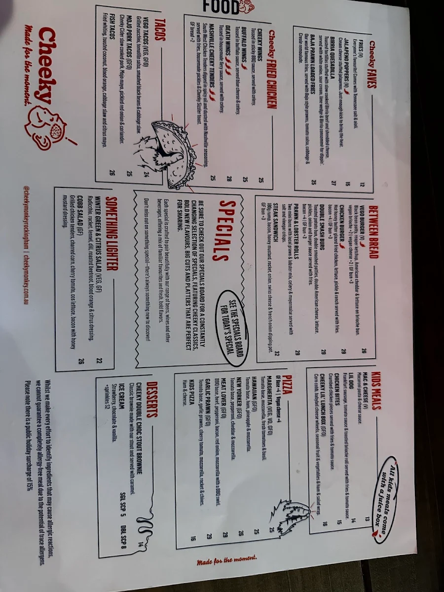 Menu, Cheeky Monkey Brewing Co Rockingham