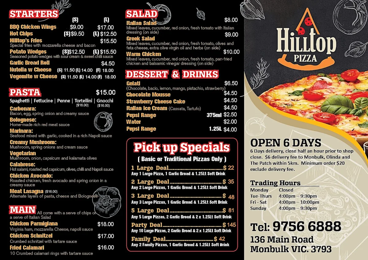 Menu, Hilltop Pizza and Pasta