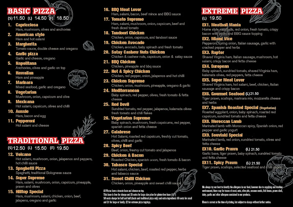 Menu, Hilltop Pizza and Pasta