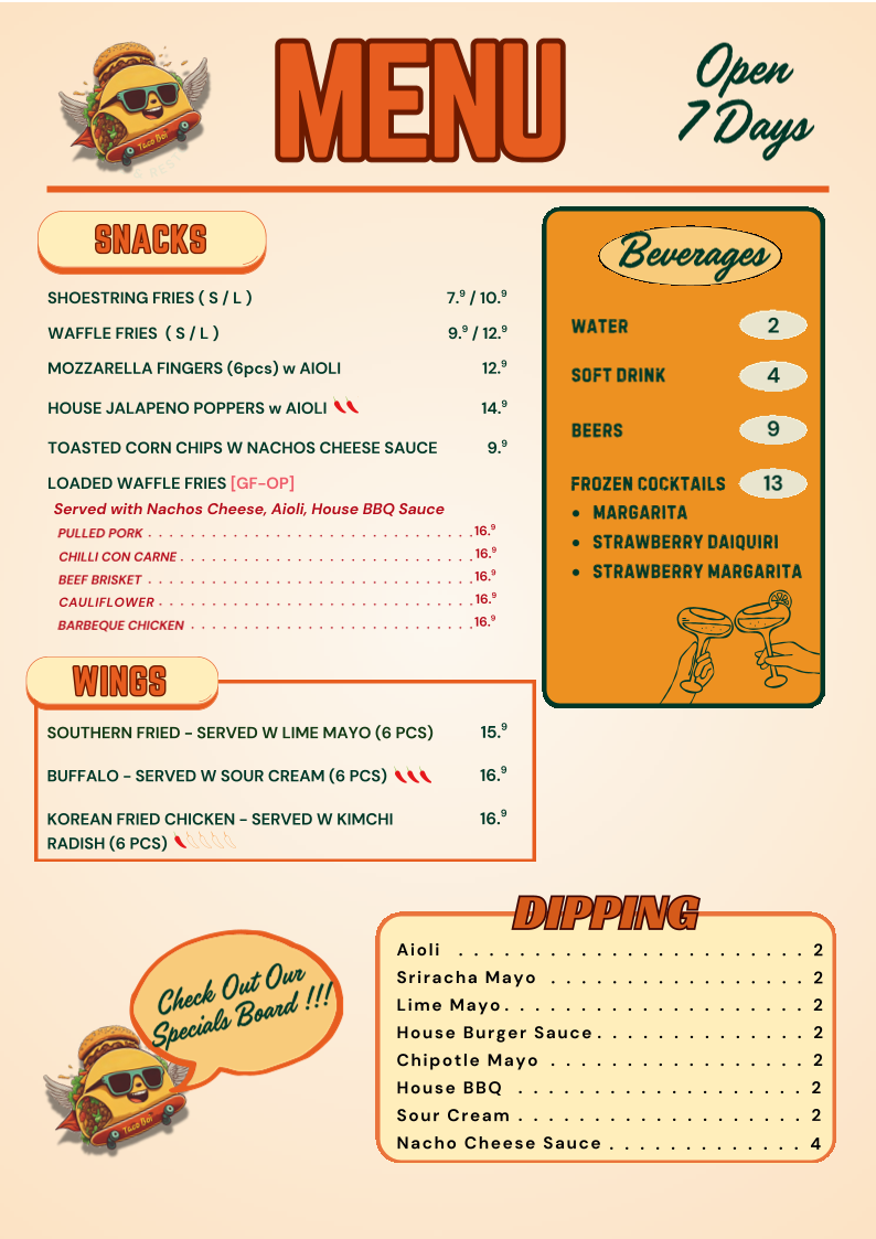 Menu, Taco Boi