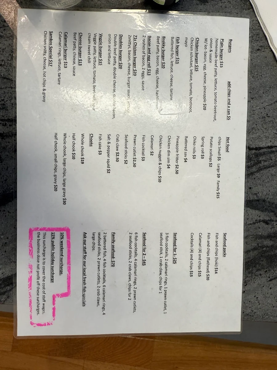 Menu, Culburra Beach Takeaway