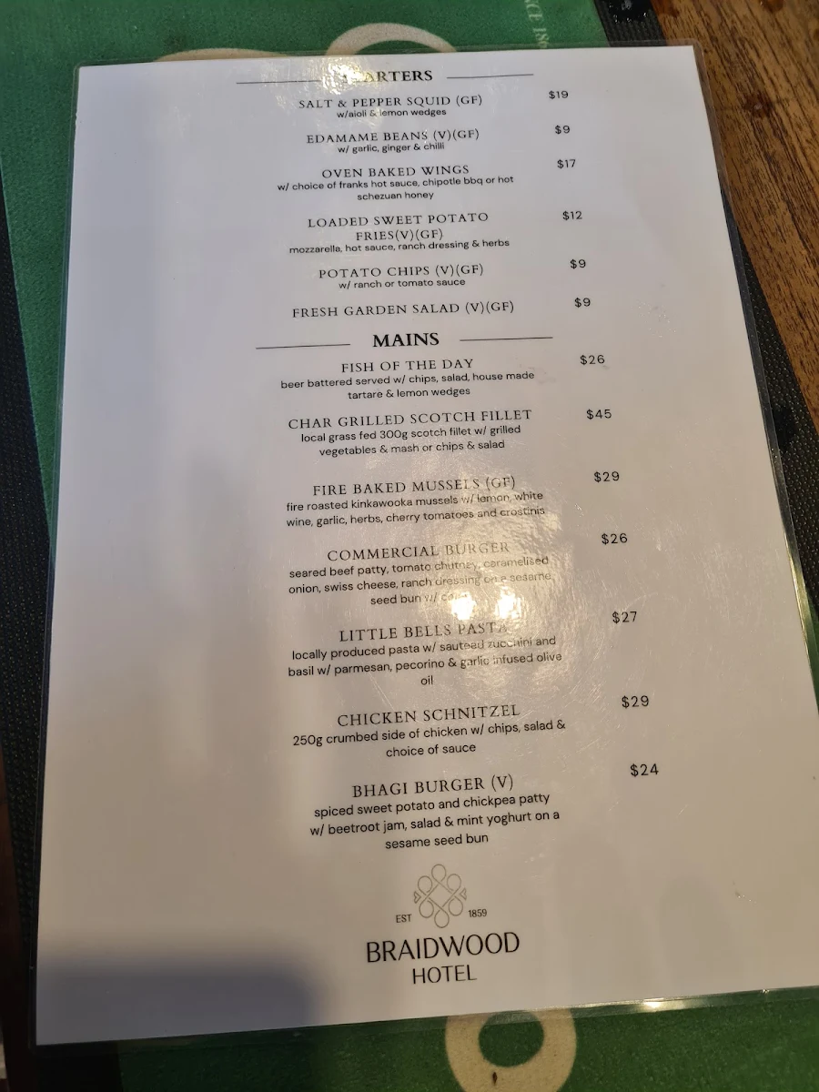 Menu, Braidwood Hotel