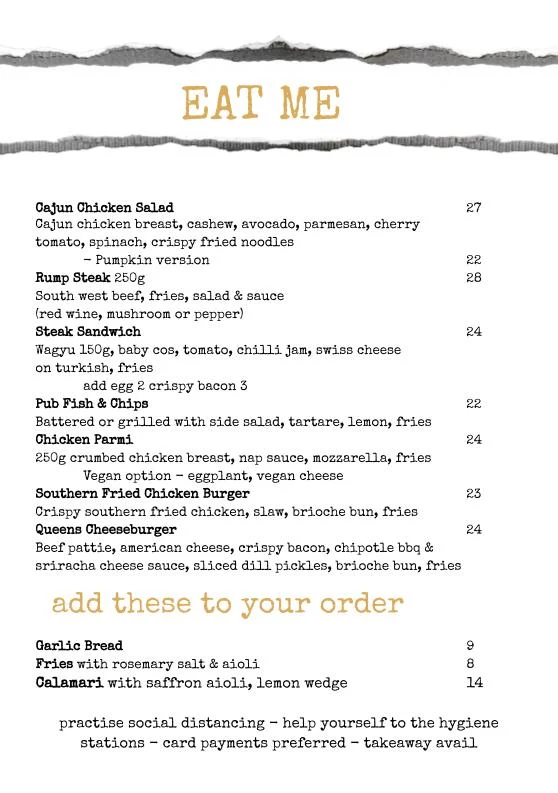 Menu, Queens Tavern