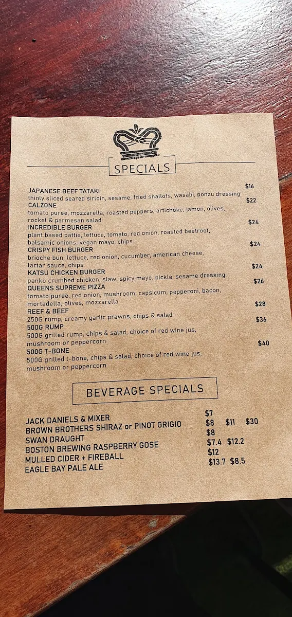 Menu, Queens Tavern