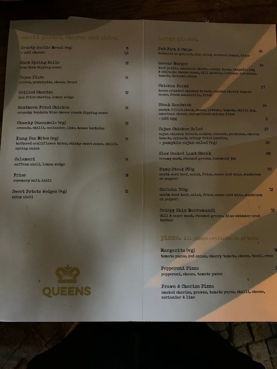 Menu, Queens Tavern