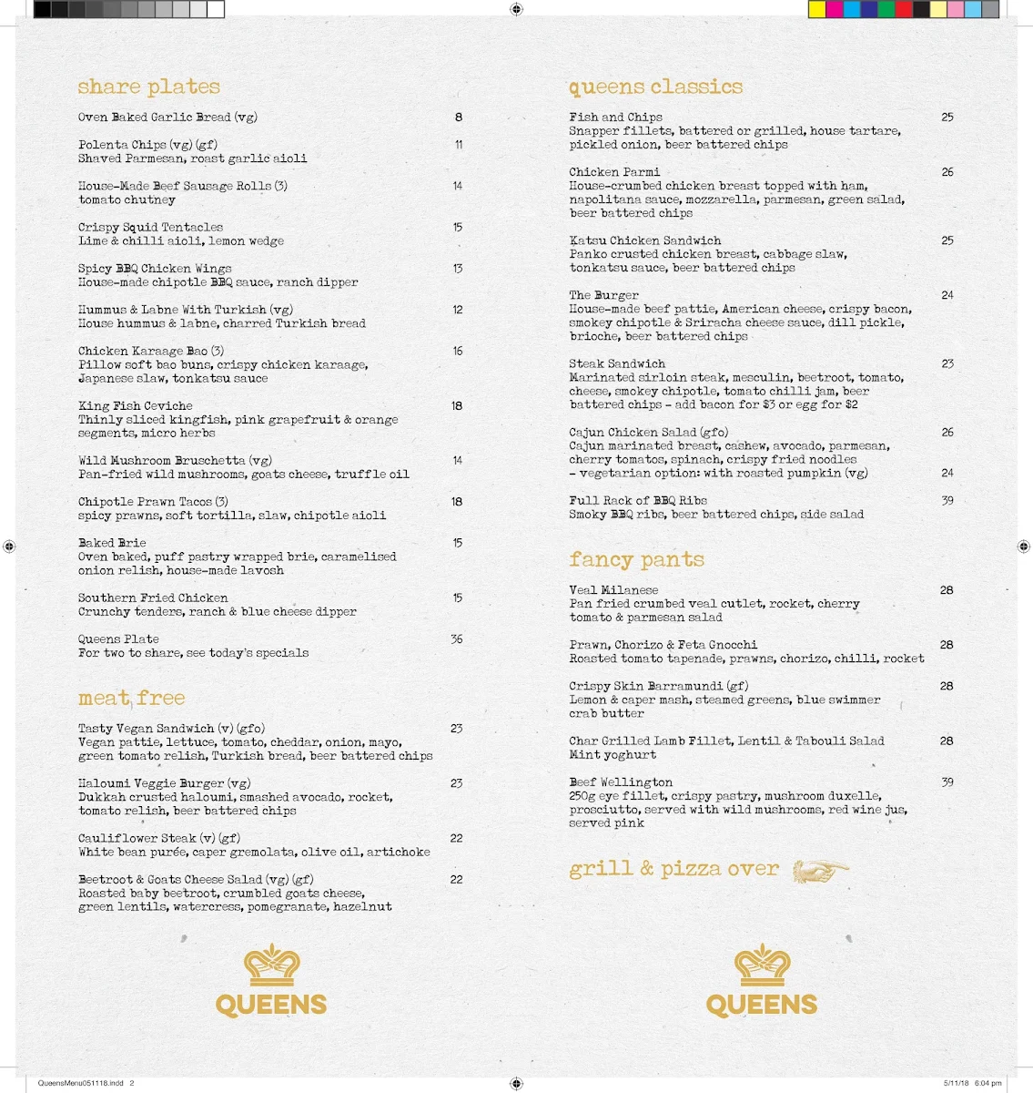 Menu, Queens Tavern