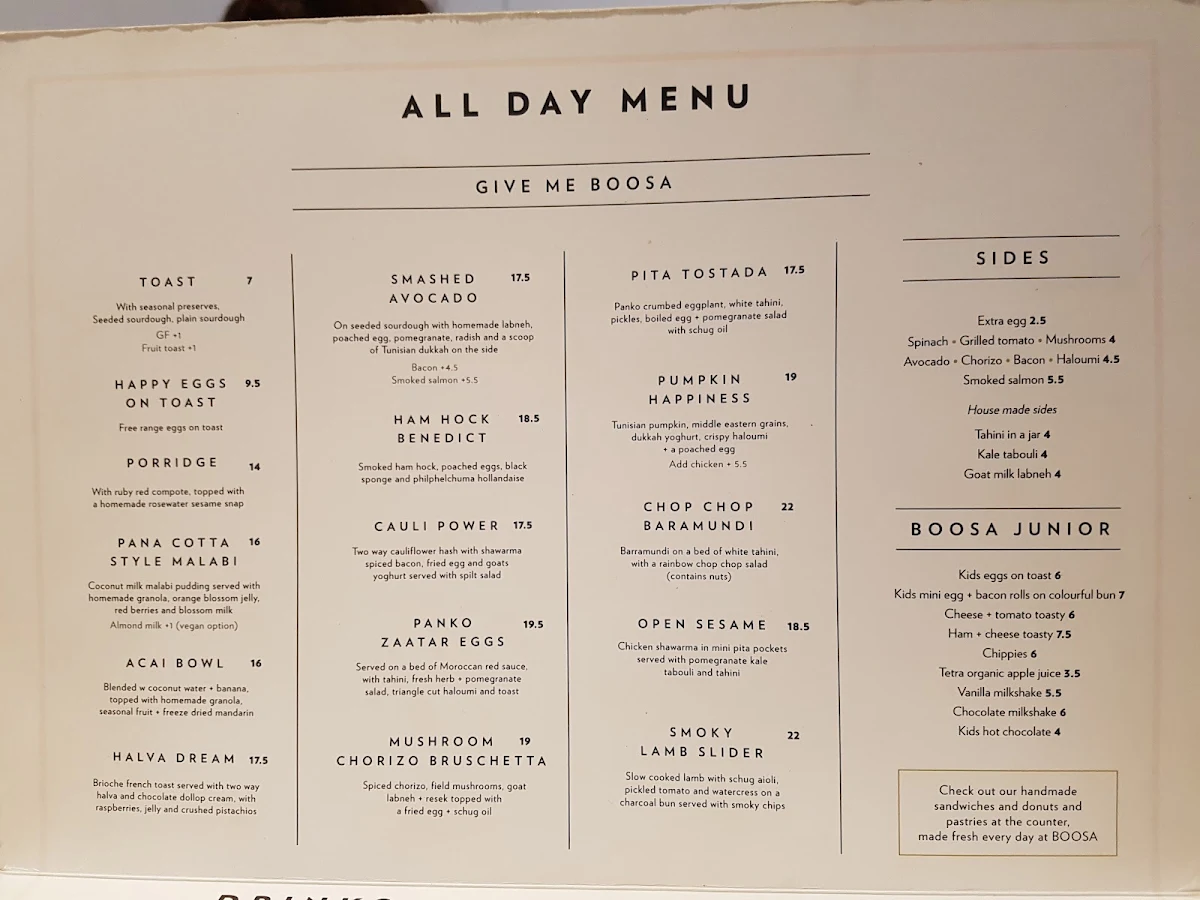 Menu, Boosa