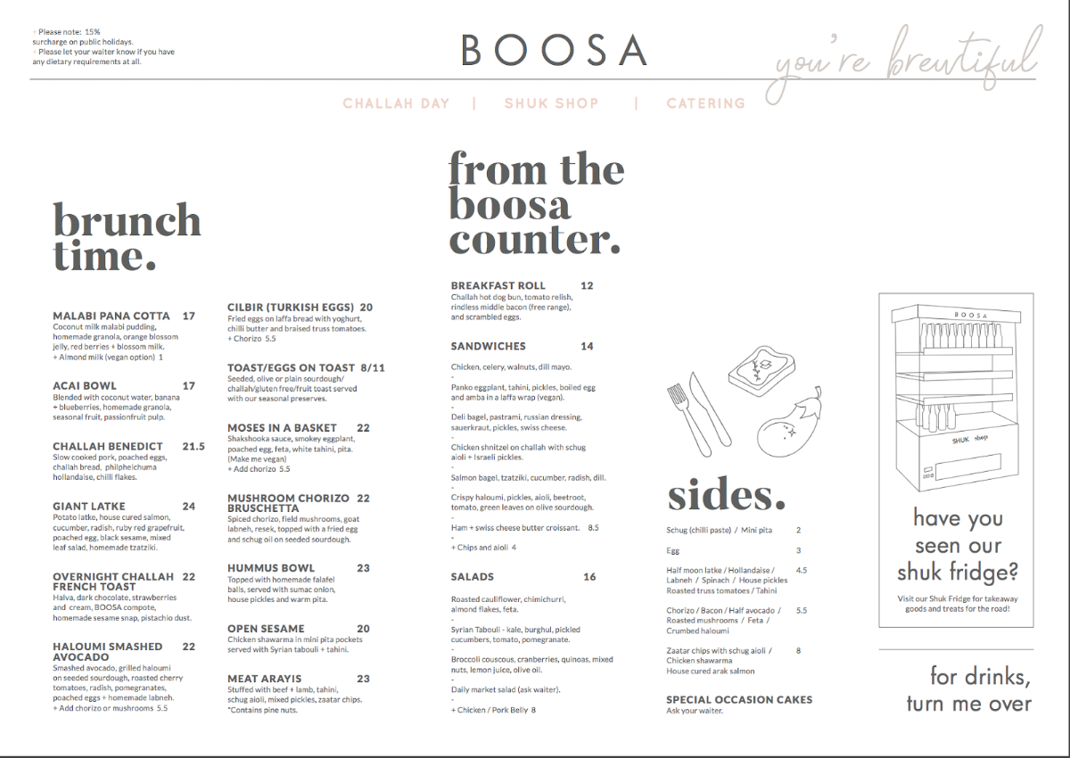 Menu, Boosa