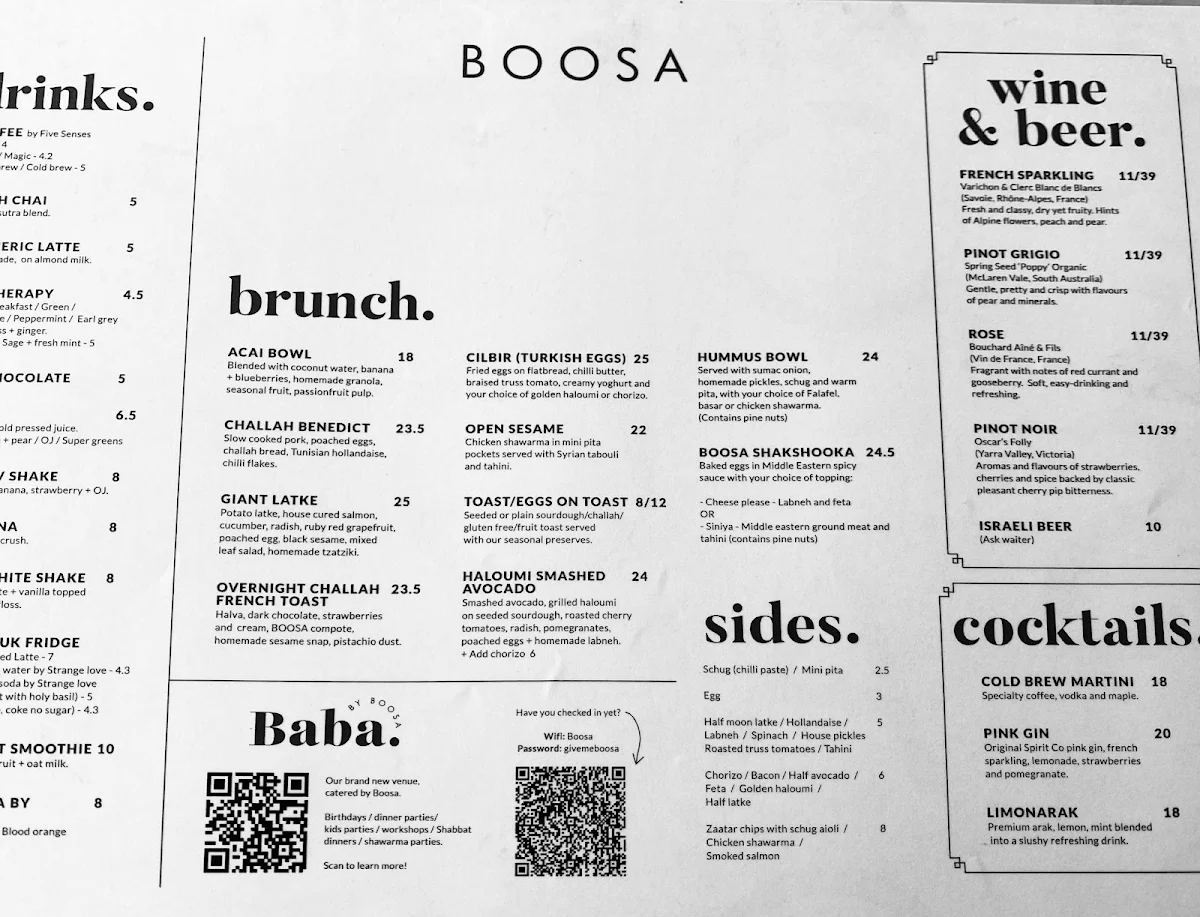 Menu, Boosa