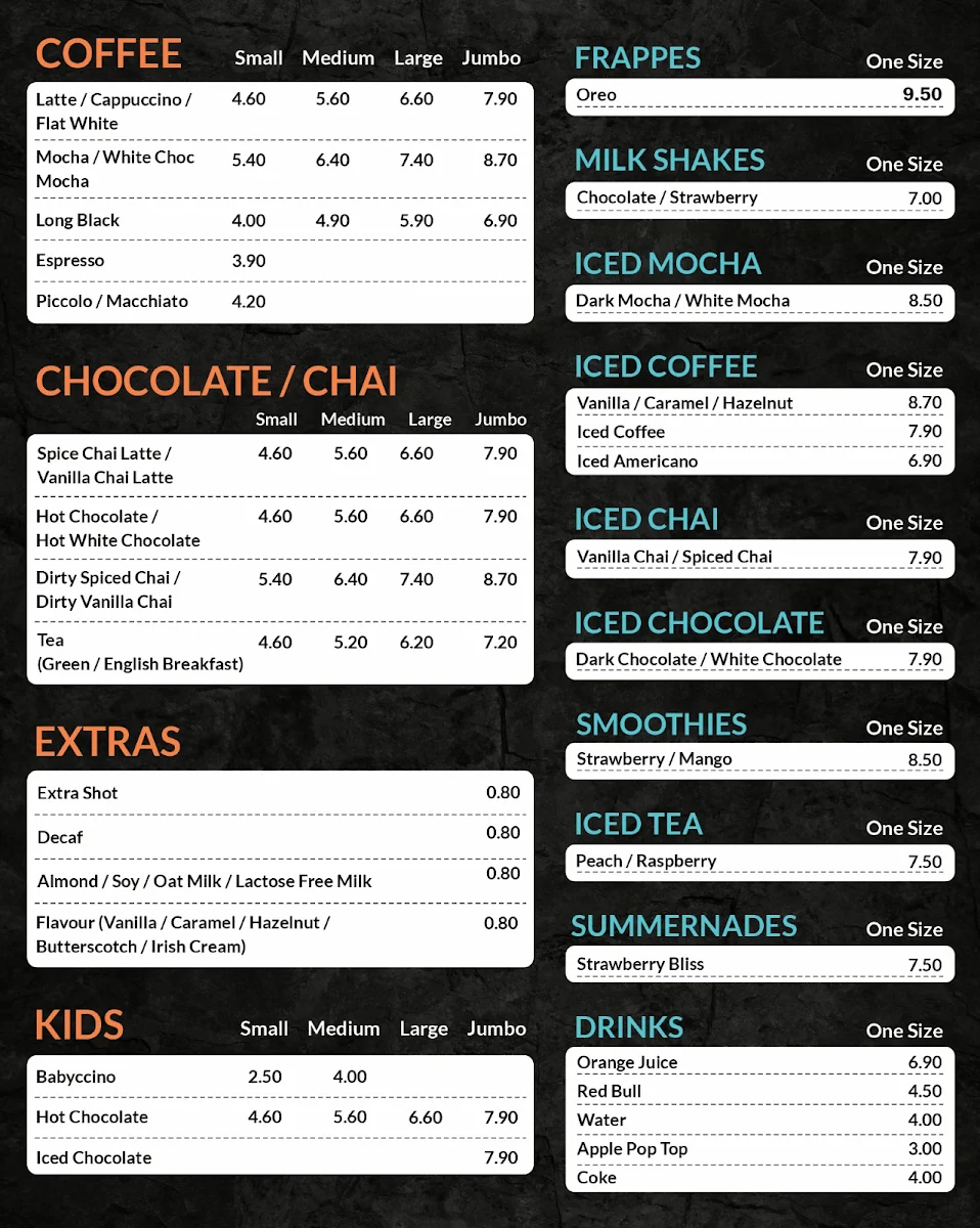 Menu, Palo Drive Thru Coffee
