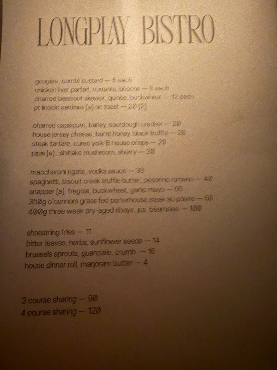 Menu, Longplay Bistro