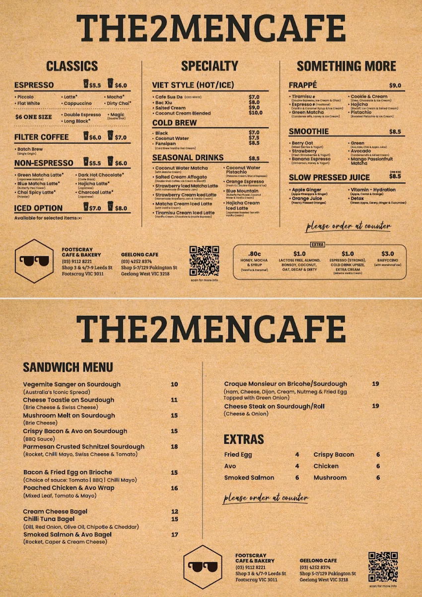 Menu, THE 2 MEN CAFE - GEELONG