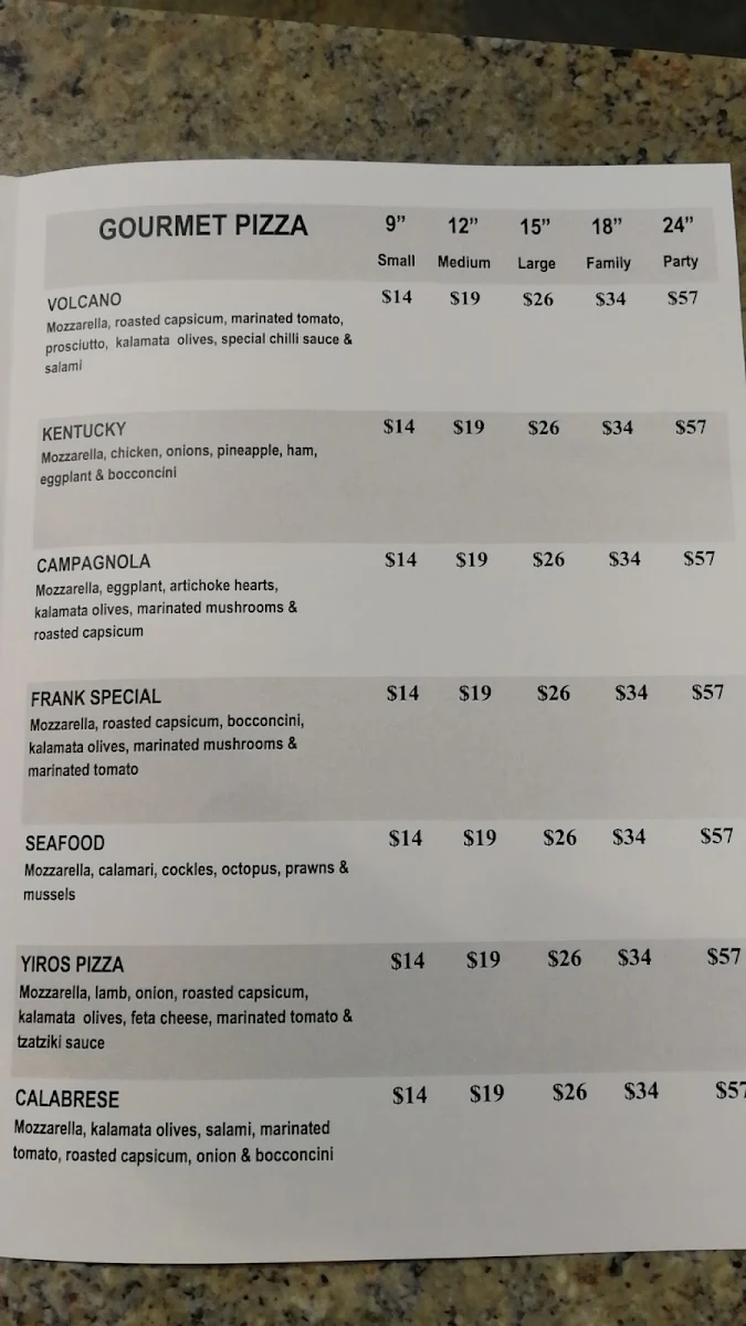 Menu, Vesuvio Pizza Bar