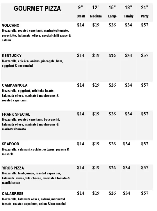 Menu, Vesuvio Pizza Bar