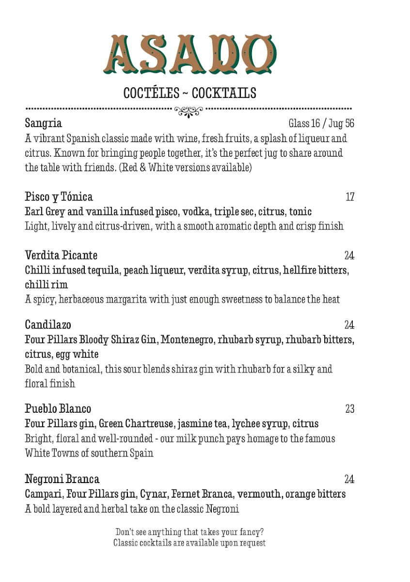 Menu, Asado