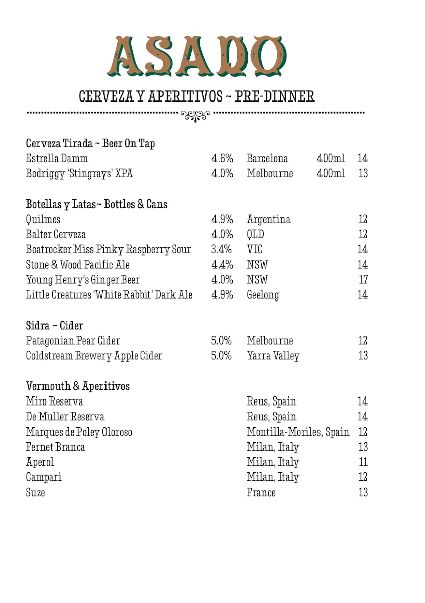 Menu, Asado