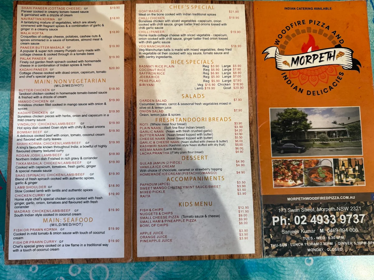 Menu, Morpeth Woodfired Pizza and Indian Delicacies & wine cellar