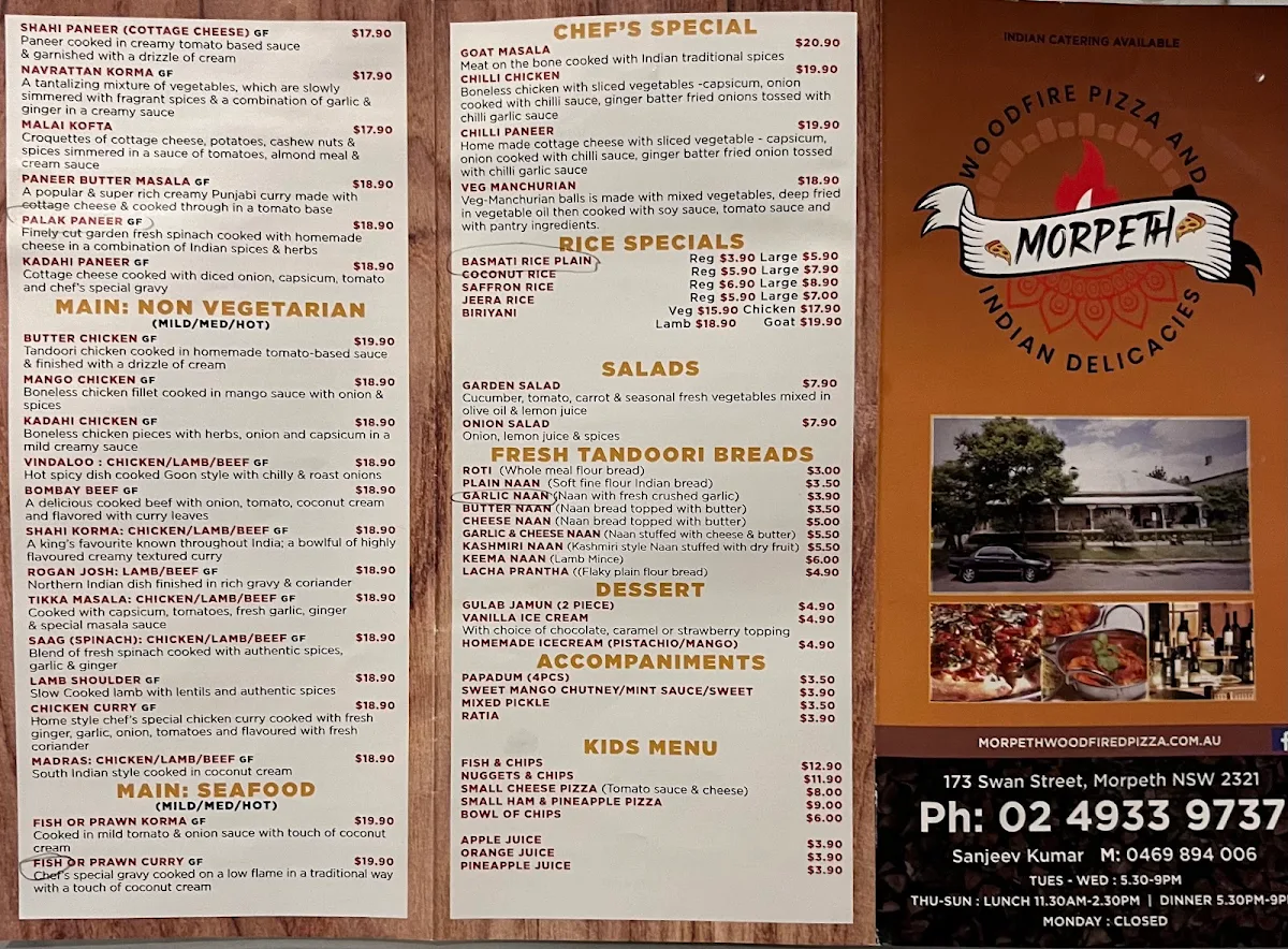 Menu, Morpeth Woodfired Pizza and Indian Delicacies & wine cellar