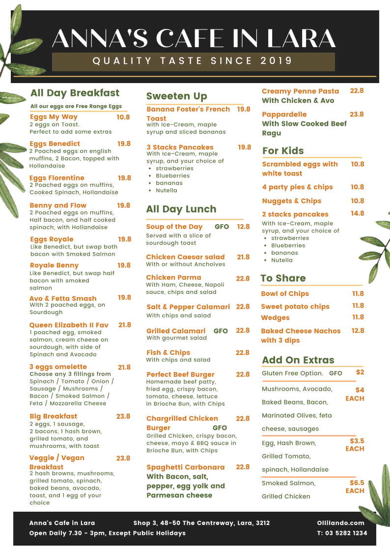 Menu, Anna’s Cafe In Lara