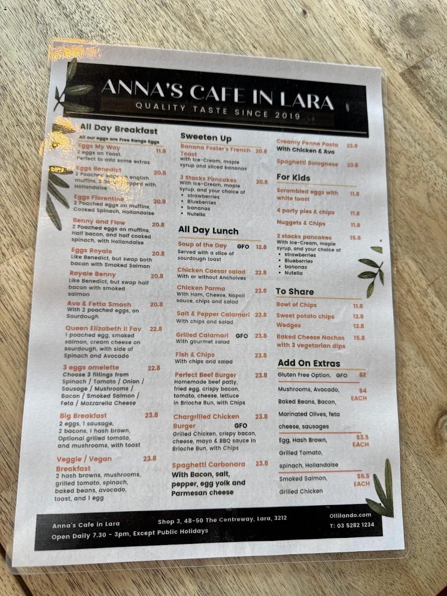 Menu, Anna’s Cafe In Lara