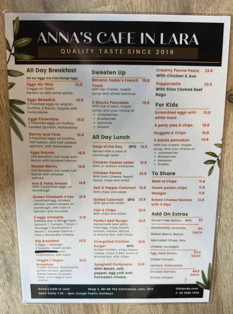Menu, Anna’s Cafe In Lara