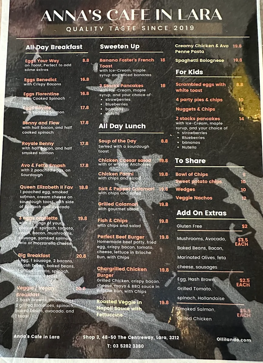 Menu, Anna’s Cafe In Lara