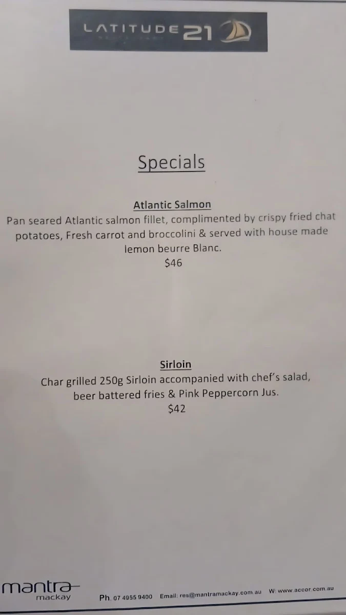 Menu, Latitude 21 Restaurant & Bar
