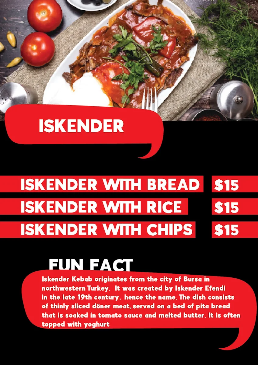 Menu, Mates Kebab Coburg