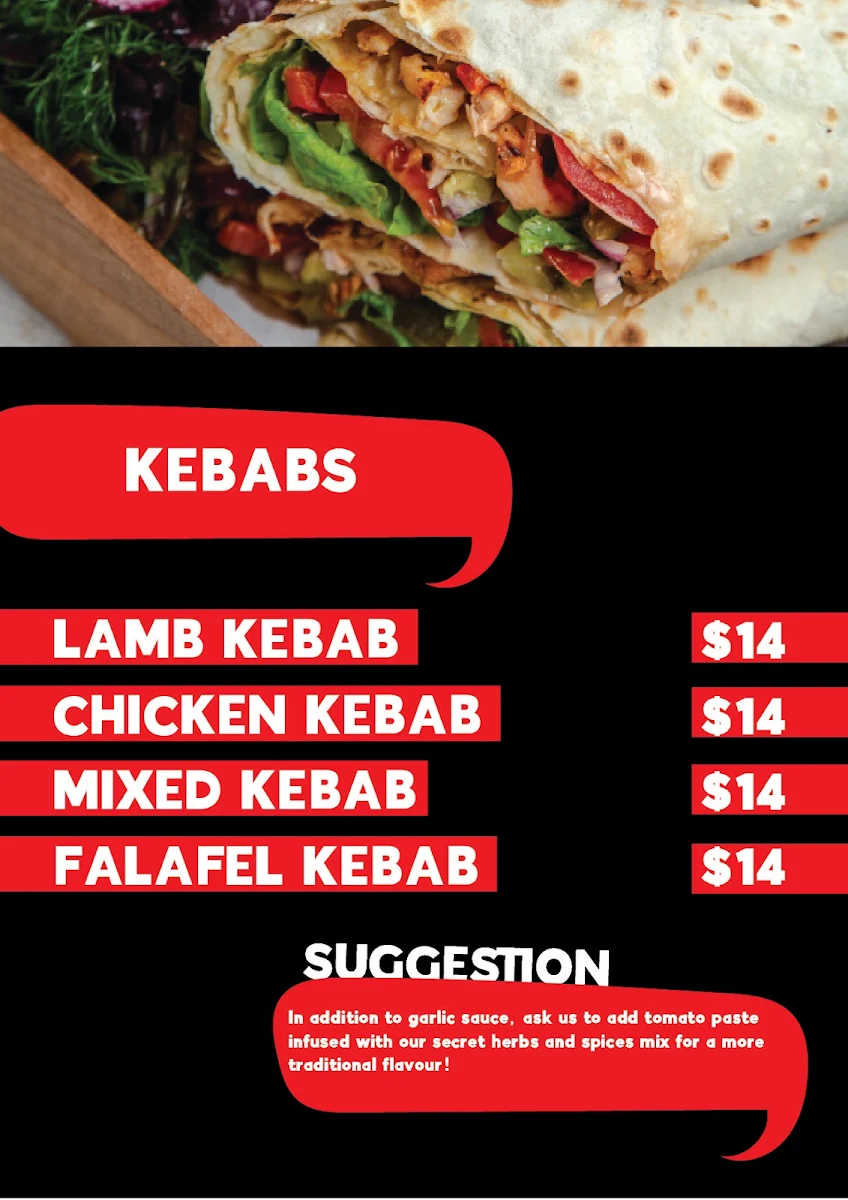 Menu, Mates Kebab Coburg