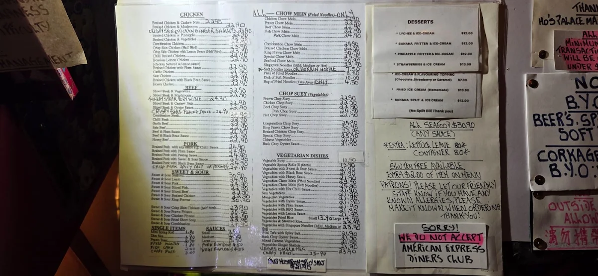 Menu, Ho's Palace Chinese & Seafood Restaurant