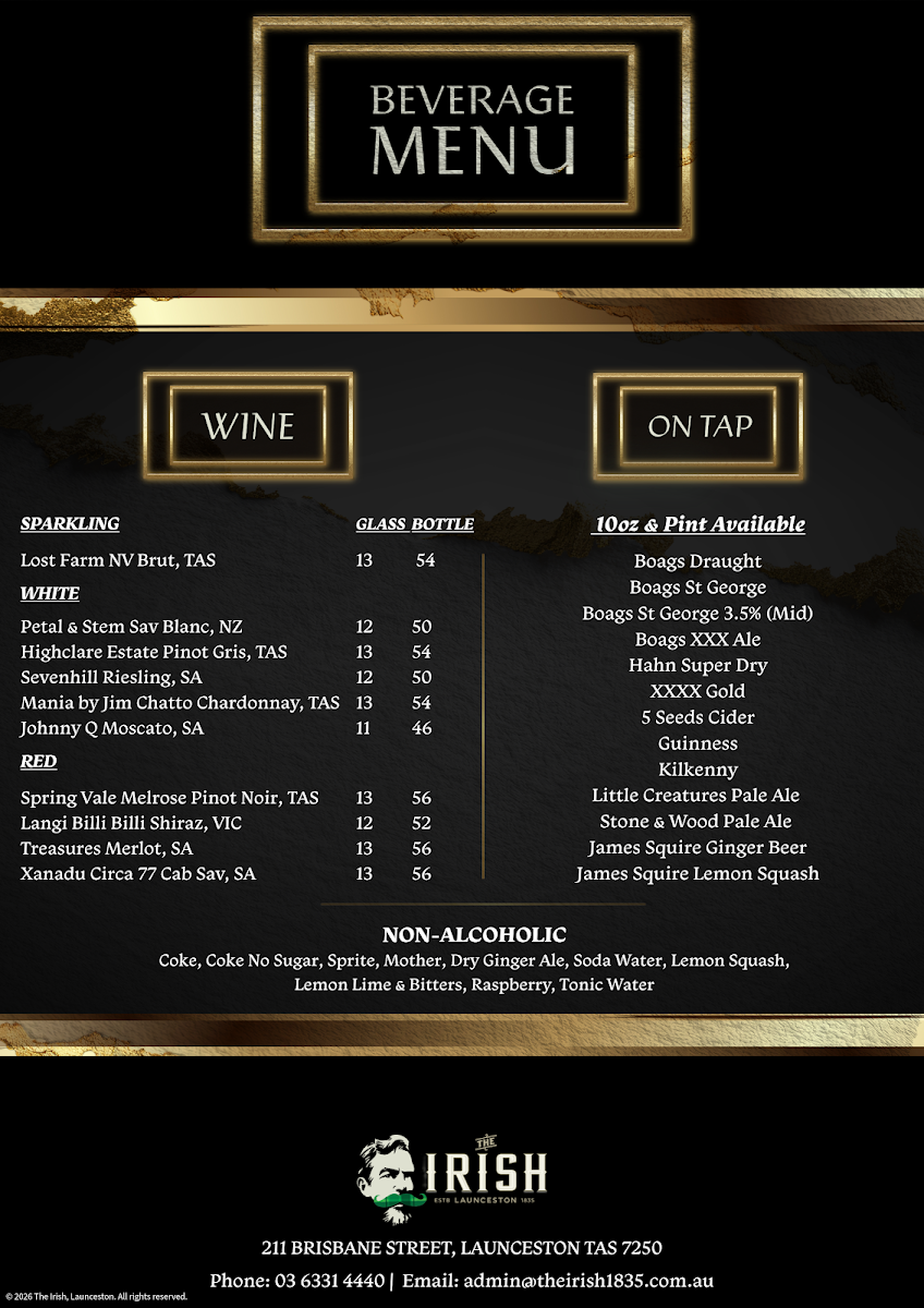Menu, The Irish, Launceston